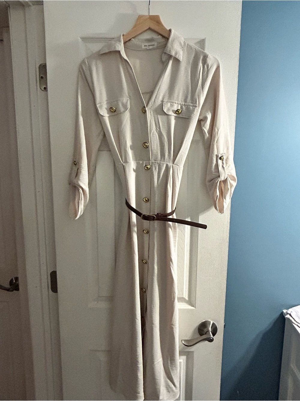 Blu Pepper Cream Button-Front Shirt Dress with Belt